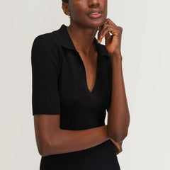The Ribbed Short-Sleeve Polo Dress | Black