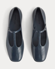 The Leather T-Strap Flat | Navy