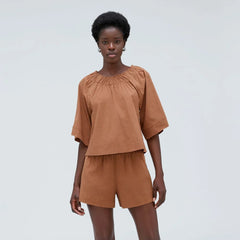 The Seersucker Gathered Tee | Tawny Brown