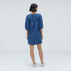 The Seersucker Puff Sleeve Dress | Deep Blue