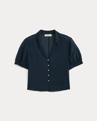 Notch Collar Shirt in Silk Georgette | Navy