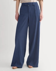 Wide-Leg Belted Pant in Stretch Linen | Navy | Long