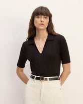 The Rib Soft Knit Open Collar Polo | Black