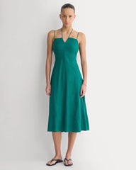 Tie-Neck Dress in Stretch Linen | Evergreen