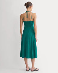 Tie-Neck Dress in Stretch Linen | Evergreen