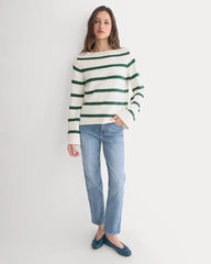 Striped Boatneck Sweater in Everyday Cotton | Hunter Green/Bone