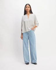 The Hammered Satin Balloon Sleeve Top | Bone / Black Polka Dot
