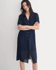 Notch Collar Shirtdress in Silk Georgette | Navy