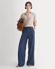Wide-Leg Belted Pant in Stretch Linen | Navy | Long