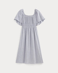 The Flutter-Sleeve Dress in Stretch Linen | White / Dutch Blue