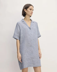 The Shirtdress in Linen | White / Blue