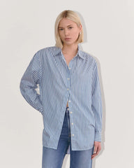The Gathered Shirt in Silky Cotton | Bone / Mazarine Blue