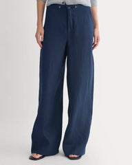 Wide-Leg Drawstring Pant in Linen | Navy