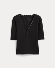 Luxe Rib V-Neck Henley | Black