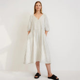 The Linen Oversized Puff-Sleeve Dress | Black / Canvas Tan