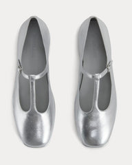 The Leather T-Strap Flat | Silver