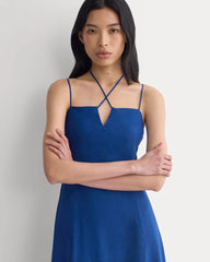 Tie-Neck Dress in Stretch Linen | Estate Blue