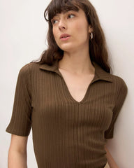 The Rib Soft Knit Open Collar Polo | Cocoa