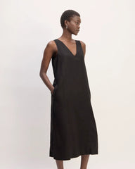 The Linen V-Neck Midi Dress | Black
