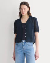 Notch Collar Shirt in Silk Georgette | Navy