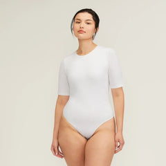 The Short-Sleeve Crew Neck Bodysuit | White | Thong