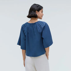 The Seersucker Gathered Tee | Deep Blue