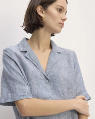The Shirtdress in Linen | White / Blue