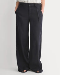 Wide-Leg Belted Pant in Stretch Linen | Black | Regular