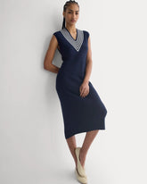 Relaxed V-Neck Midi Sweater Dress in Cotton Merino | Navy