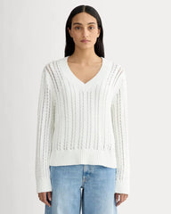 The Mesh Cable V-Neck in Everyday Cotton | White