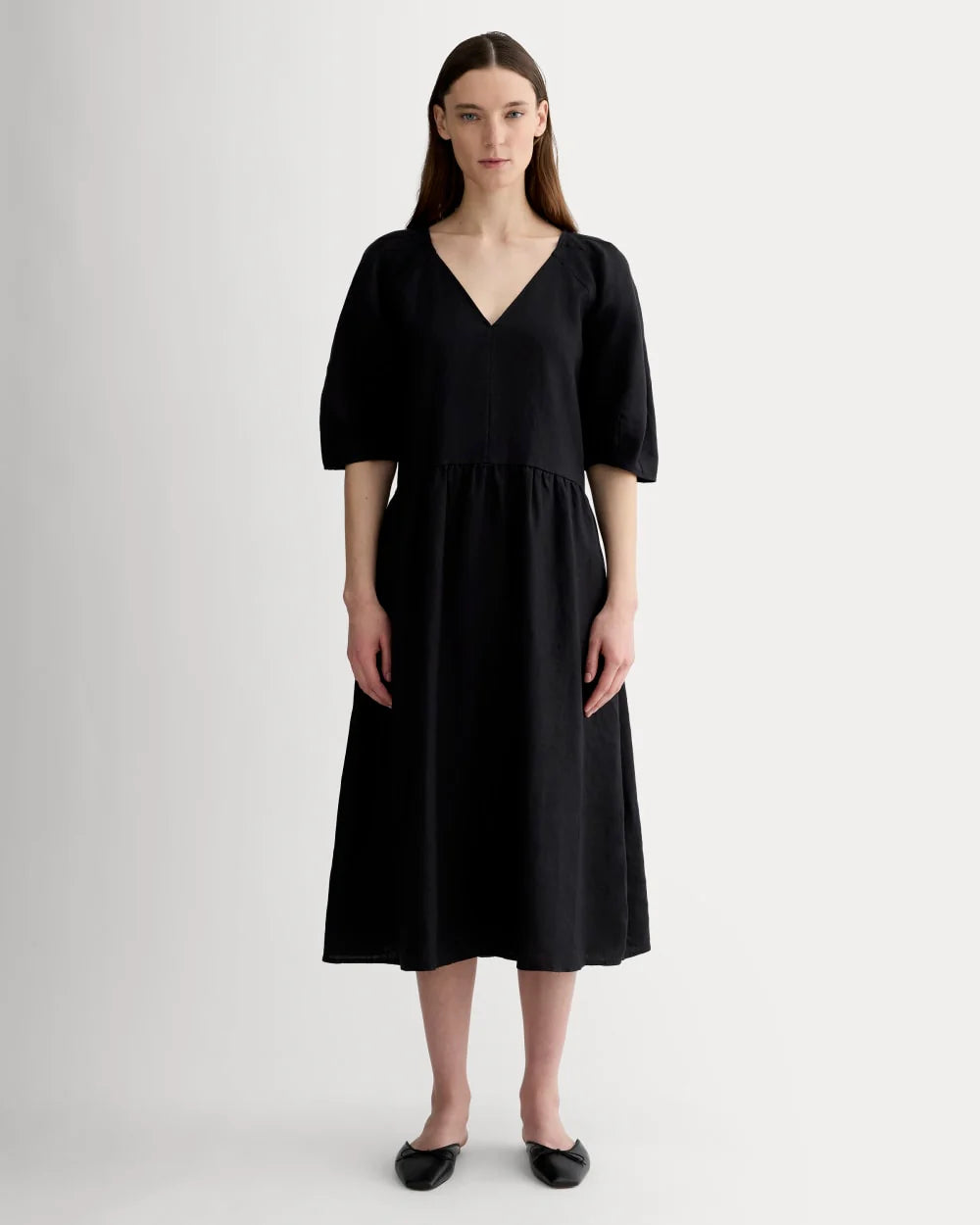 The Linen Oversized Puff-Sleeve Dress | Black