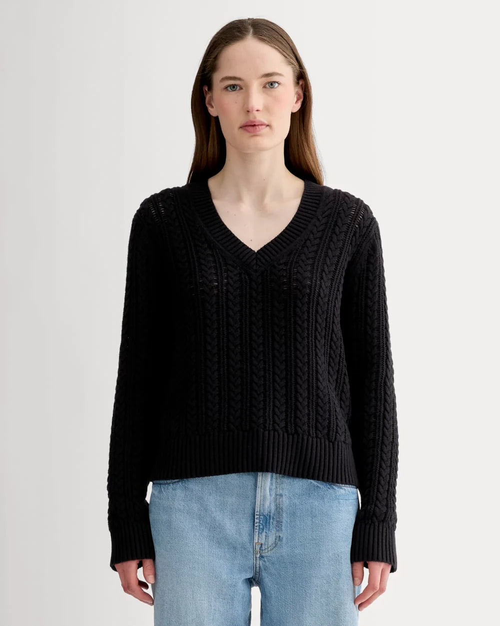 The Mesh Cable V-Neck in Everyday Cotton | Black