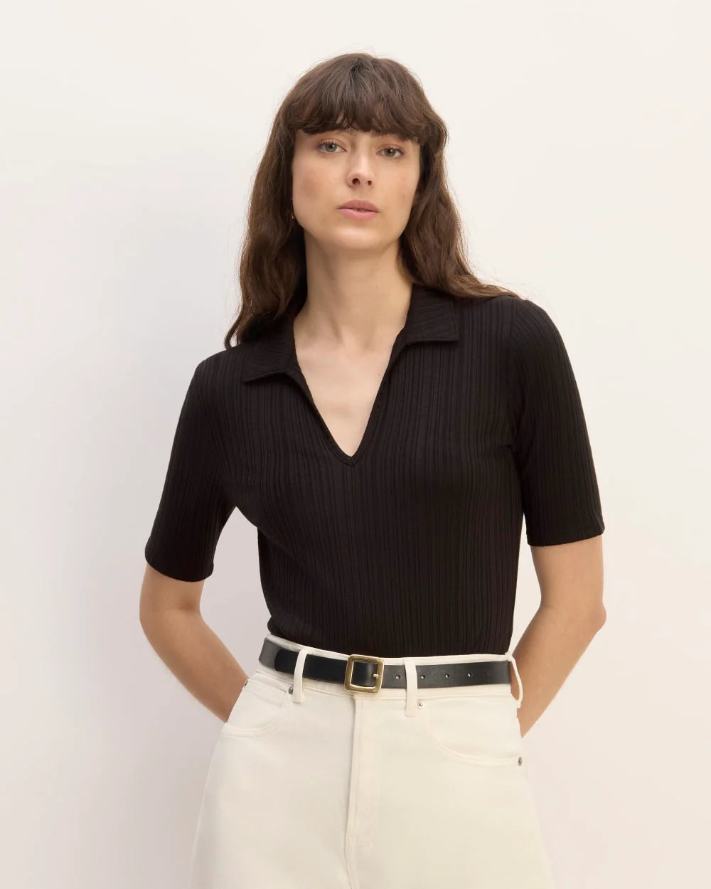 The Rib Soft Knit Open Collar Polo | Black