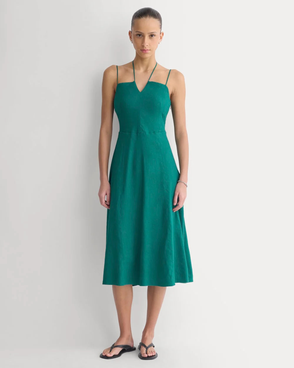 Tie-Neck Dress in Stretch Linen | Evergreen