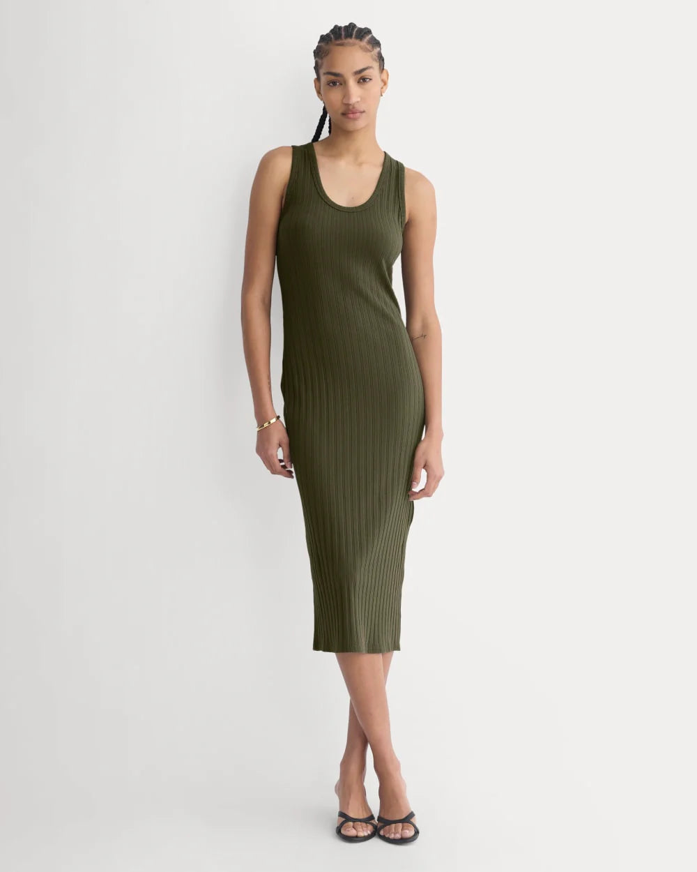 Scoop-Neck Midi Dress in Pointelle Knit | Olive Night