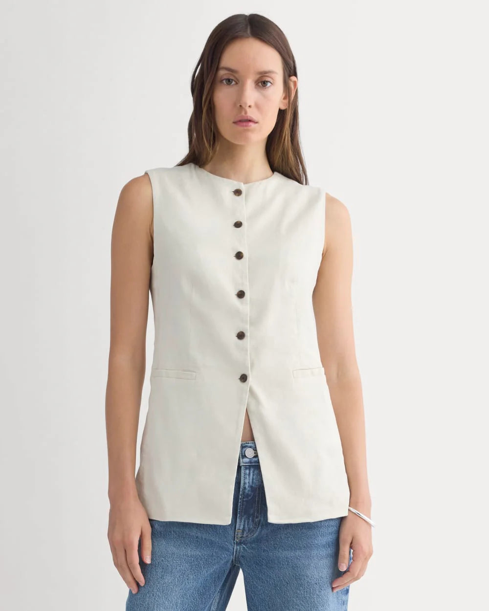 Long Vest in Stretch Linen | Birch