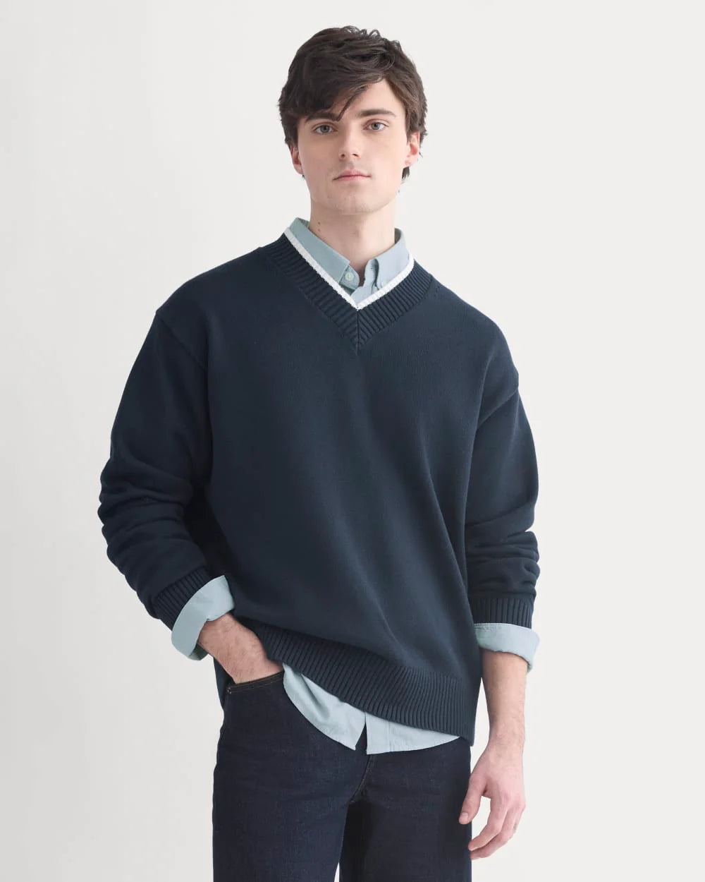 Relaxed V-Neck Sweater in Everyday Cotton | Deep Navy
