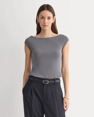 Boatneck Cap-Sleeve Top in Butterknit | Charcoal Grey