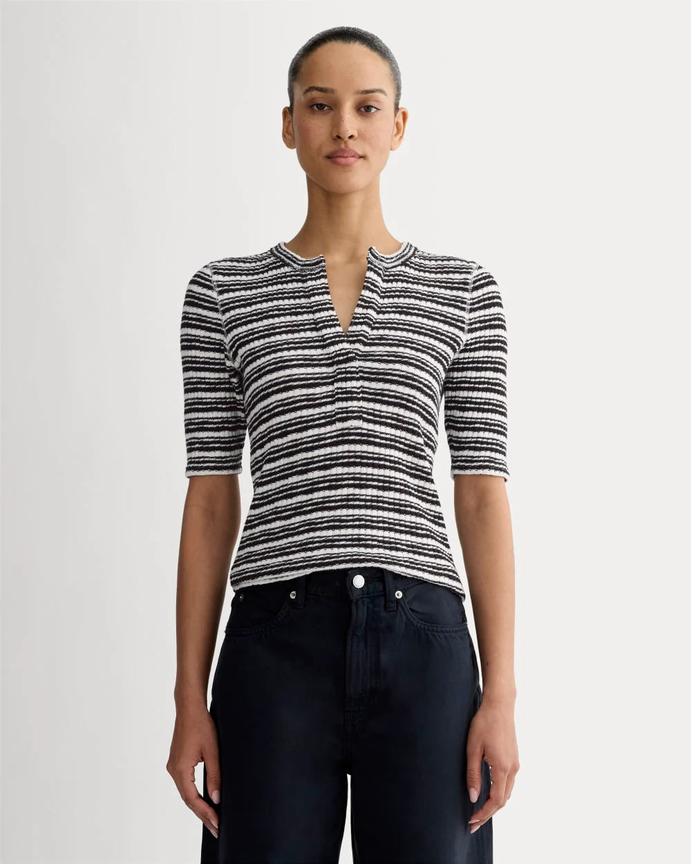 The Rib-Knit Short-Sleeve Henley | Bone / Black