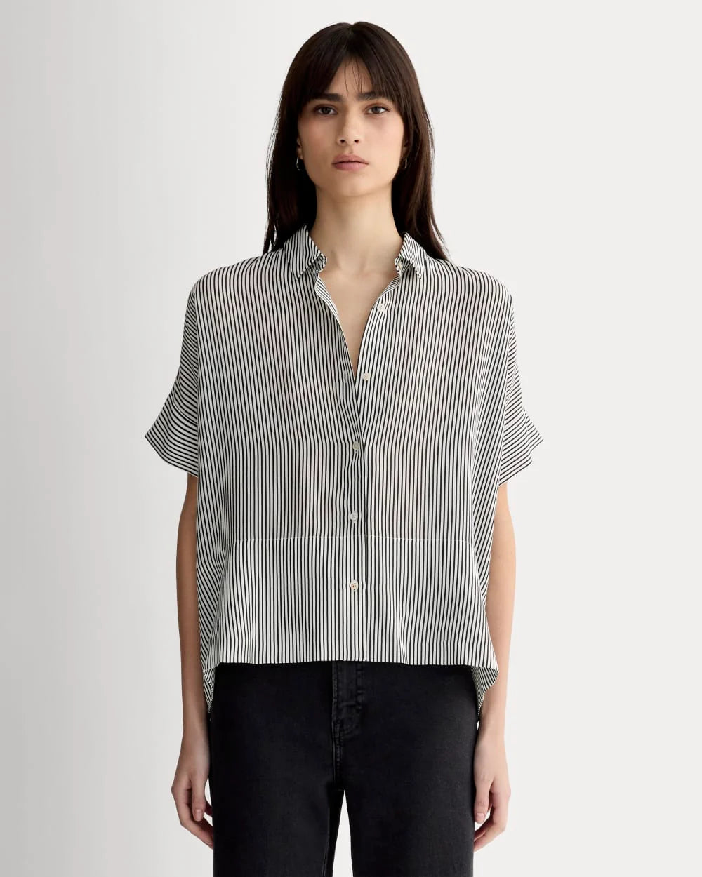 The Boxy Shirt in Washable Silk | Black Micro Stripe