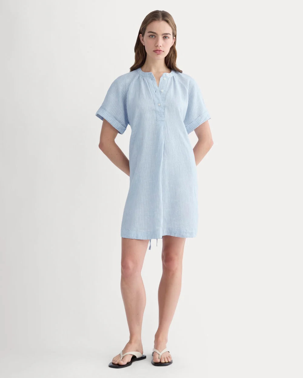 The Popover Dress in Linen | Sky Blue / White