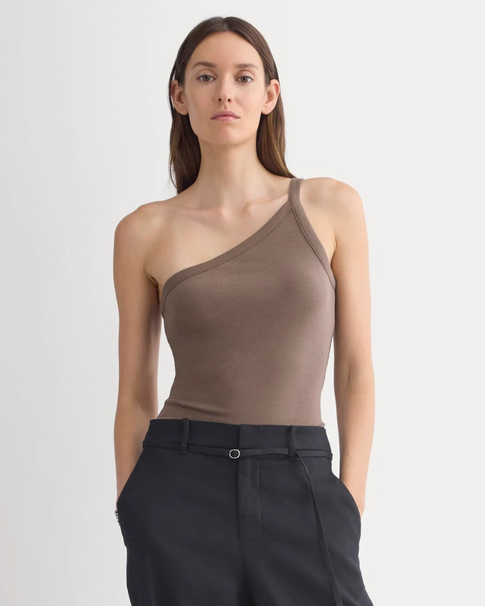RetroSoft Cotton One-Shoulder Tank | Deep Taupe
