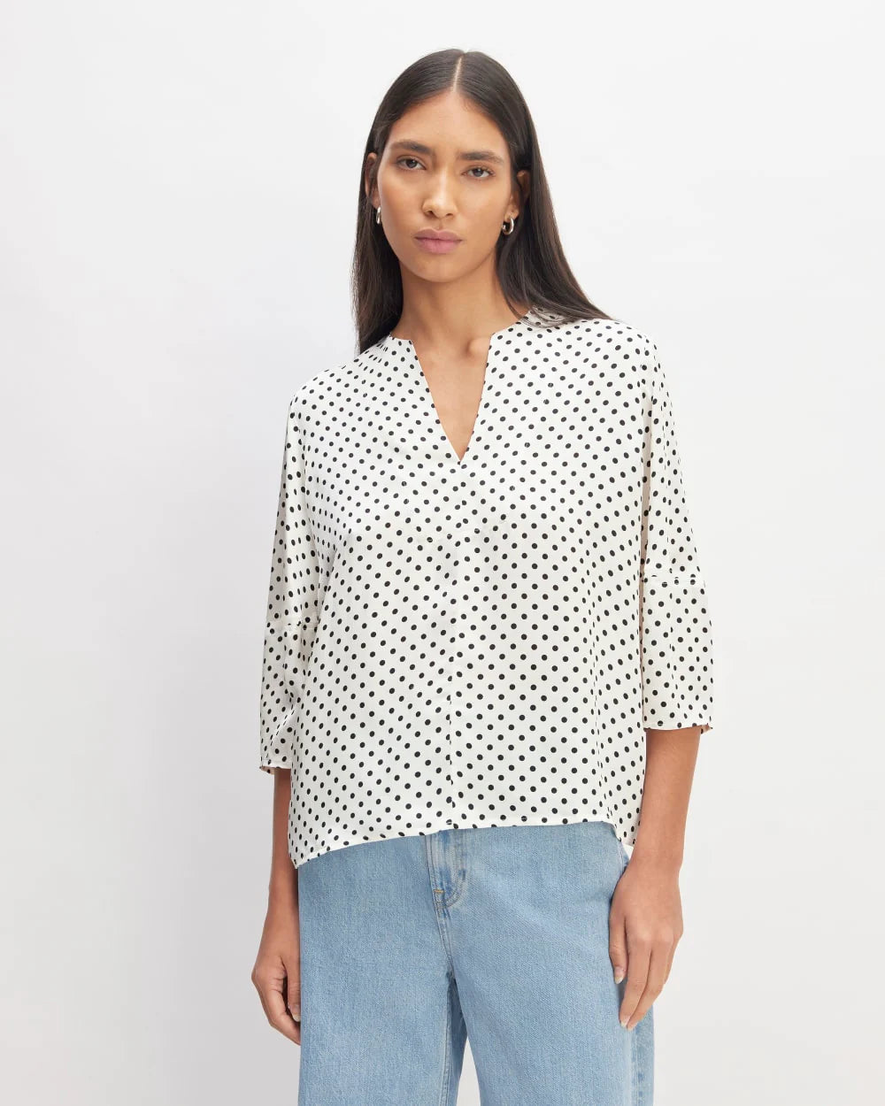 The Hammered Satin Balloon Sleeve Top | Bone / Black Polka Dot