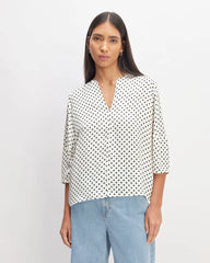 The Hammered Satin Balloon Sleeve Top | Bone / Black Polka Dot