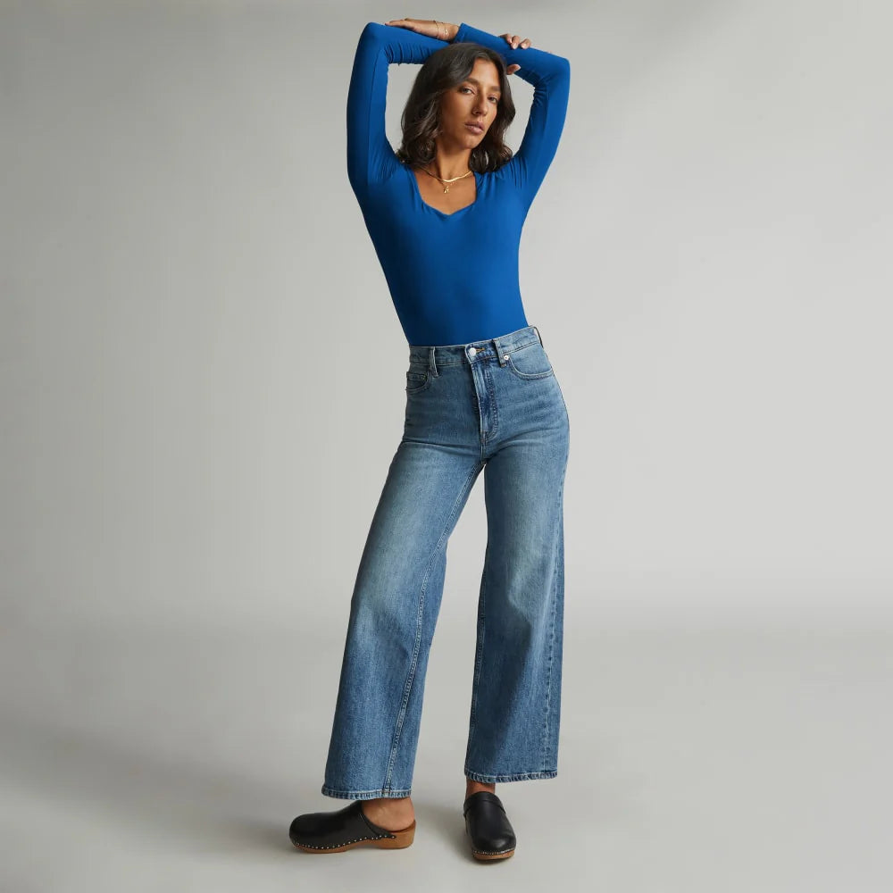 The Long-Sleeve Supima® Square-Neck Bodysuit | Lapis Blue | Thong