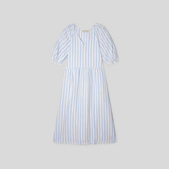 The Linen Oversized Puff-Sleeve Dress | Blue / White