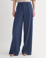 Wide-Leg Belted Pant in Stretch Linen | Navy | Regular