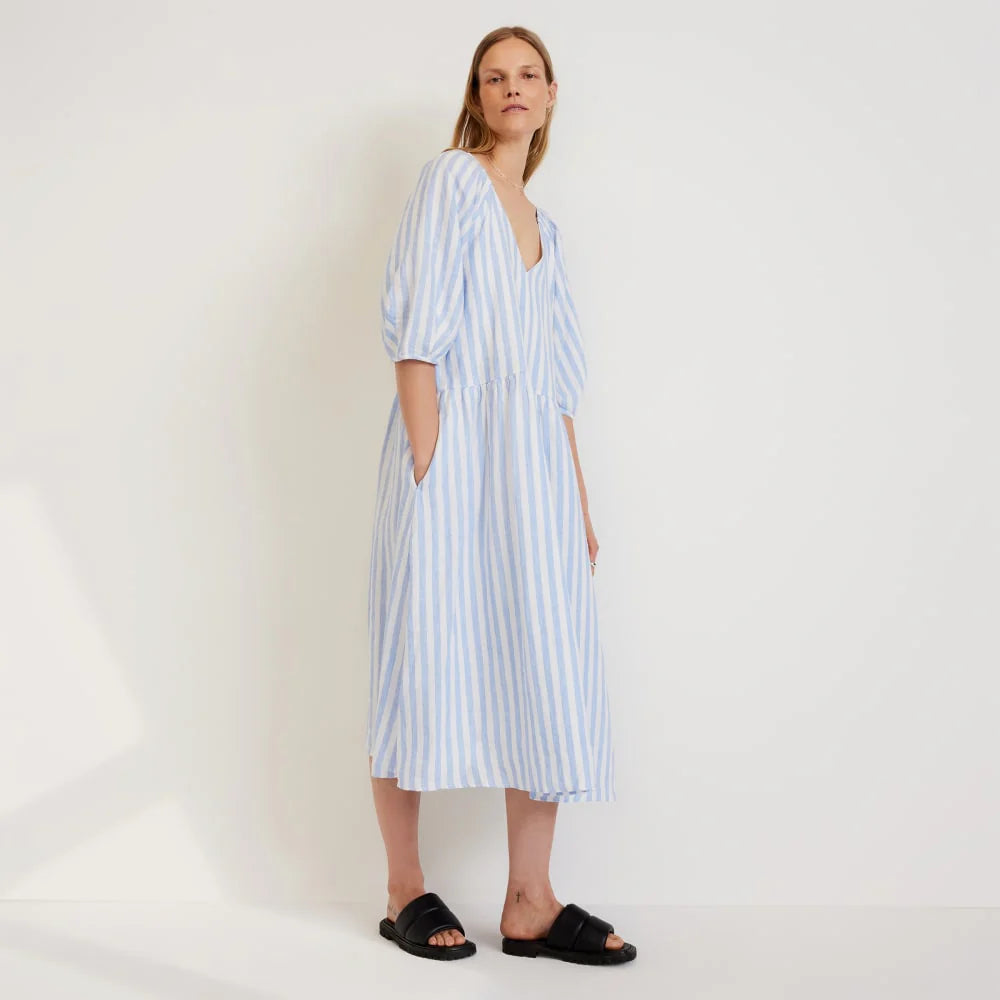 The Linen Oversized Puff-Sleeve Dress | Blue / White