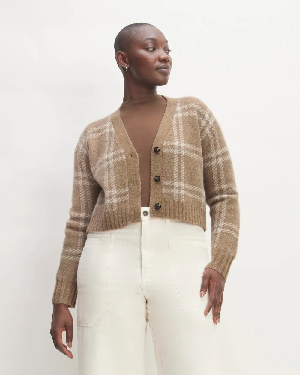 The Alpaca V-Neck Cropped Cardigan | Wheat / Lightest Taupe