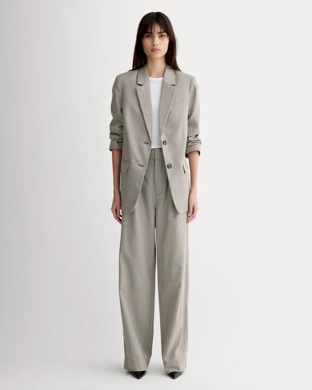 The Draper Pleated Pant in Buttersmooth | Deep Taupe Mini Gingham  | 30" Inseam